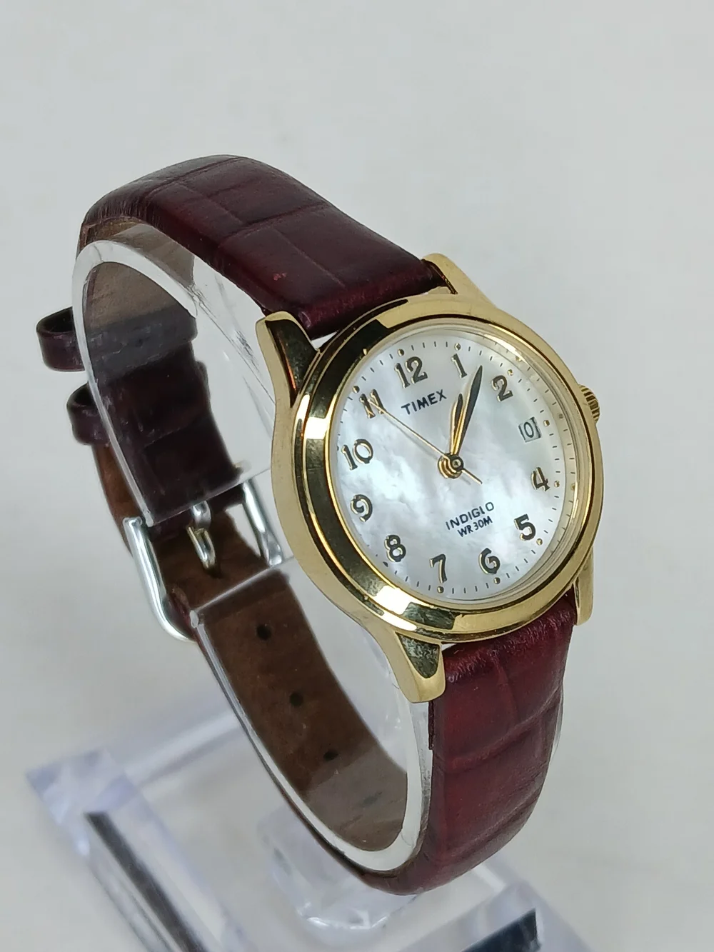 Timex Indiglo Womens Gold Tone MOP Dial Date Brown Leather Band Watch WR 30m